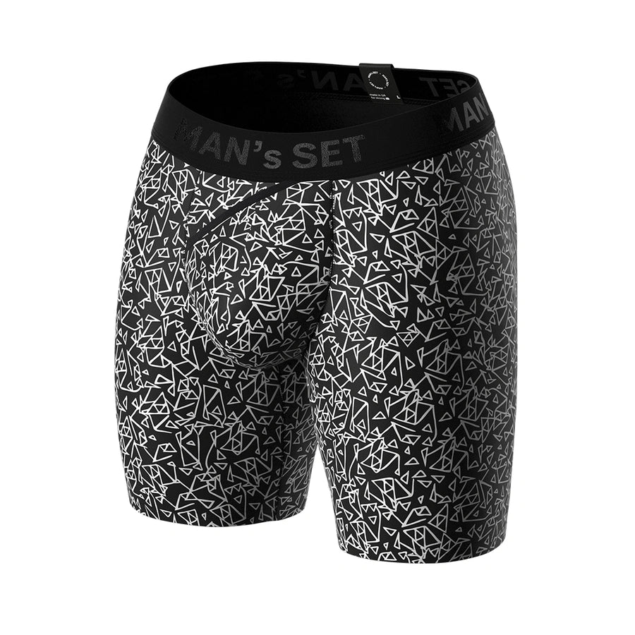 Man’s SET Tri-Force UltraSoft boxer brief, breathable men’s underwear with geometric pattern and long leg, front view