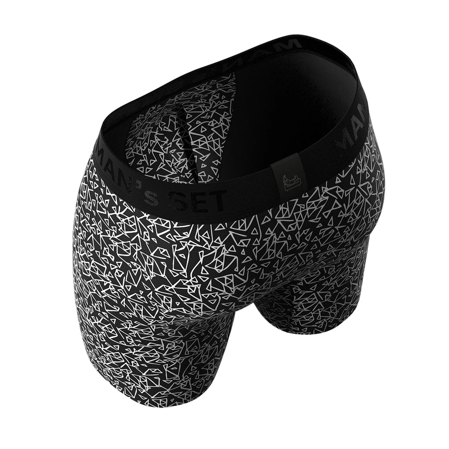 Man’s SET UltraSoft men’s boxer briefs in black with Tri-Force print, anatomical fit and long leg design, angled back view