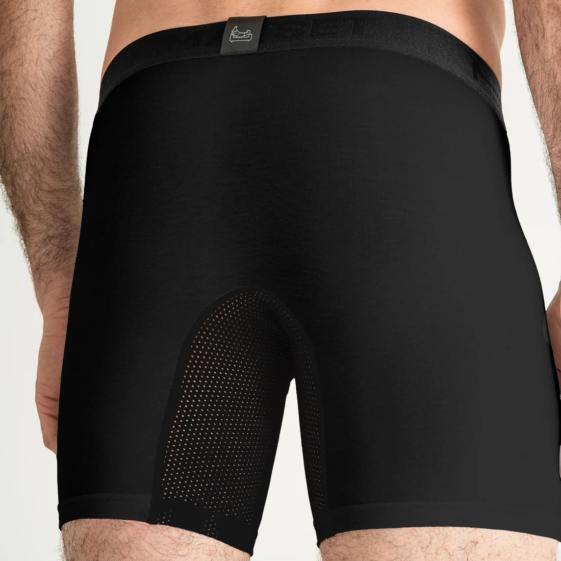 Man’s SET black AirFlow boxer briefs with mesh panel, breathable men’s underwear, back view