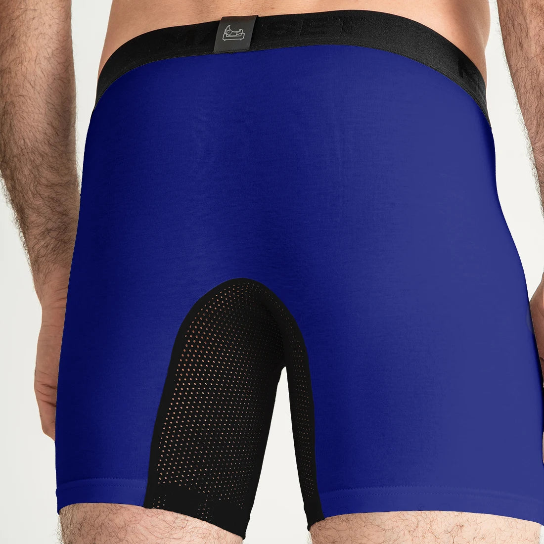 Man’s SET electric blue AirFlow men’s boxer briefs with mesh back panel, breathable underwear, rear view