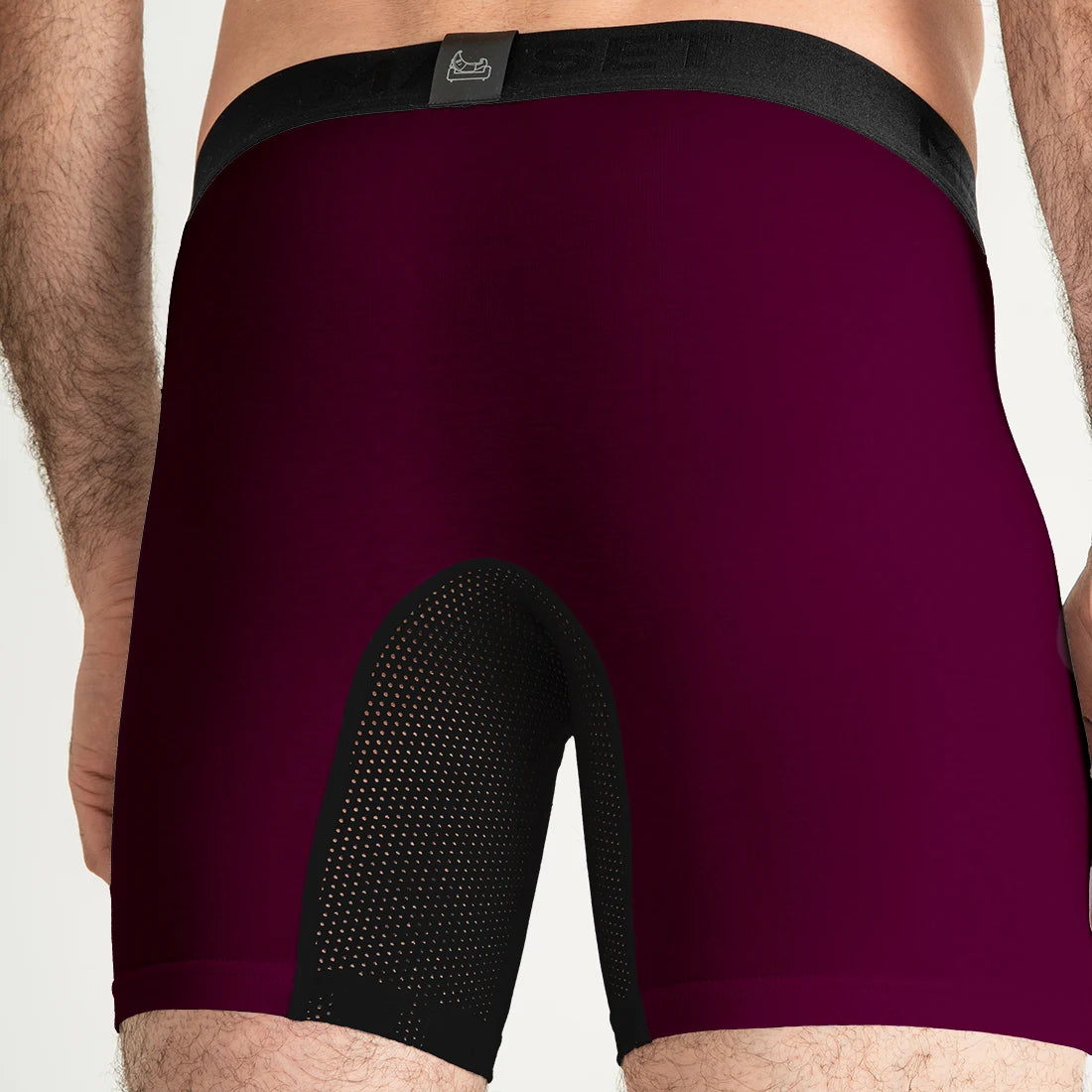 Man’s SET AirFlow anatomical men’s underwear in plum with mesh gusset, back close-up view