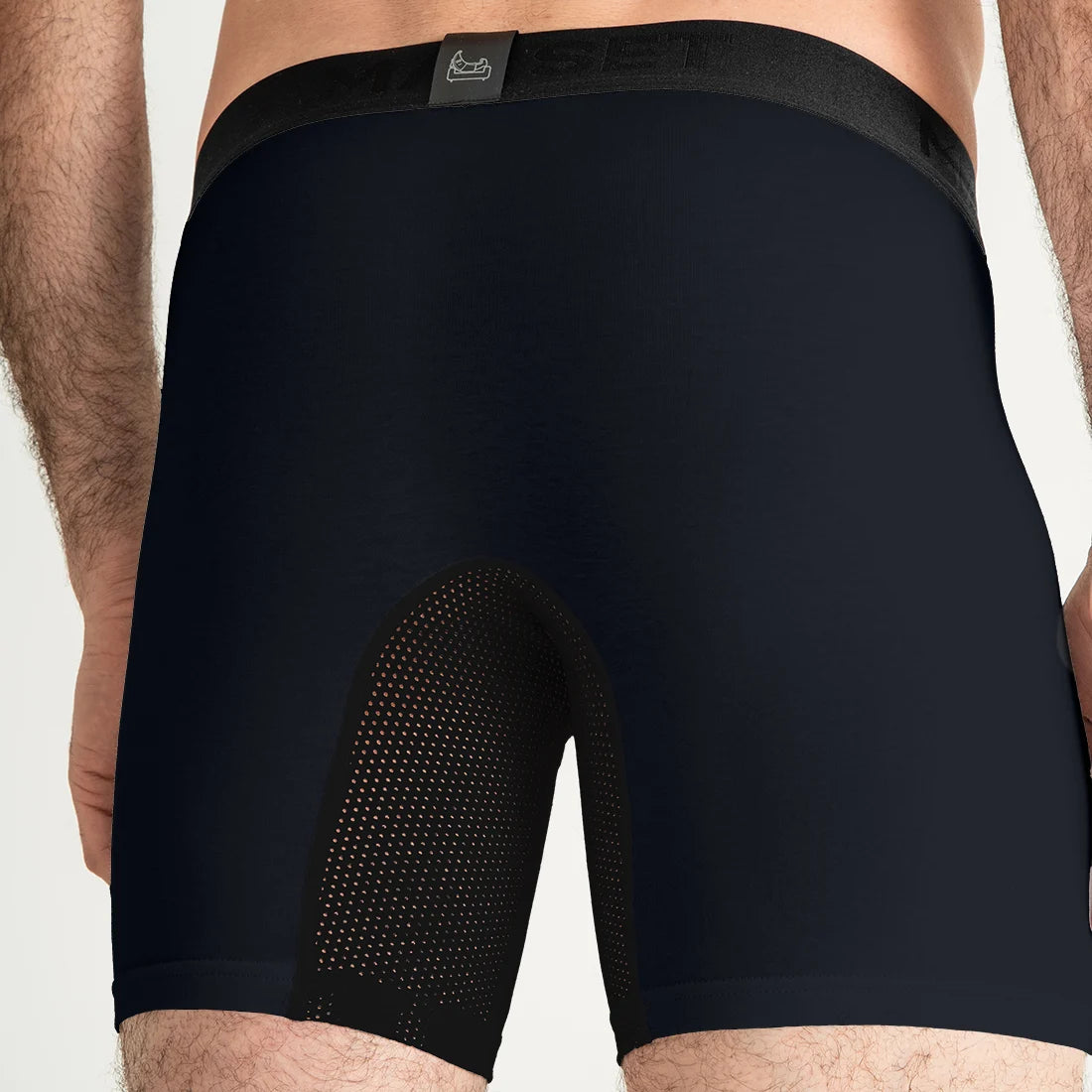 Man’s SET navy AirFlow boxer briefs, breathable men’s underwear with mesh paneling, back view
