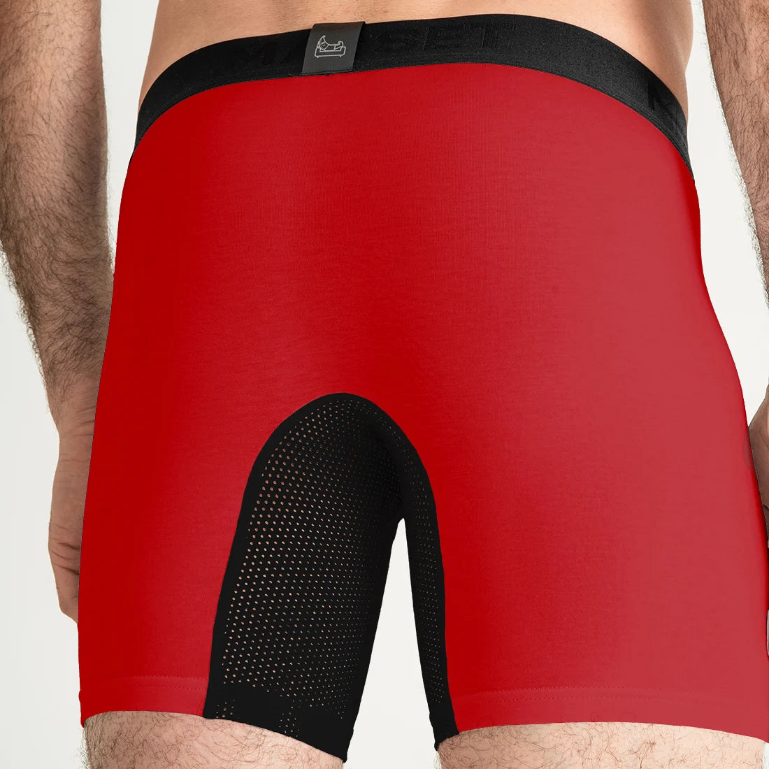 Breathable red men’s boxer briefs by Man’s SET, mesh gusset and soft waistband, back view