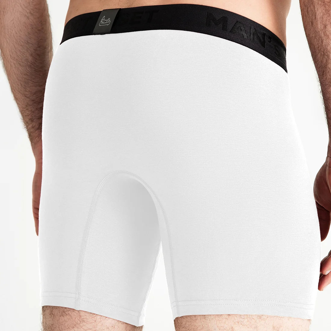 White UltraSoft boxer briefs by Man’s SET, breathable men’s underwear with black logo waistband, back view