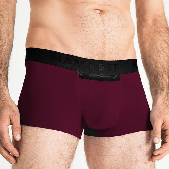 Plum AirFlow men’s trunk with breathable pouch and open fly by Man’s SET, close-up front view