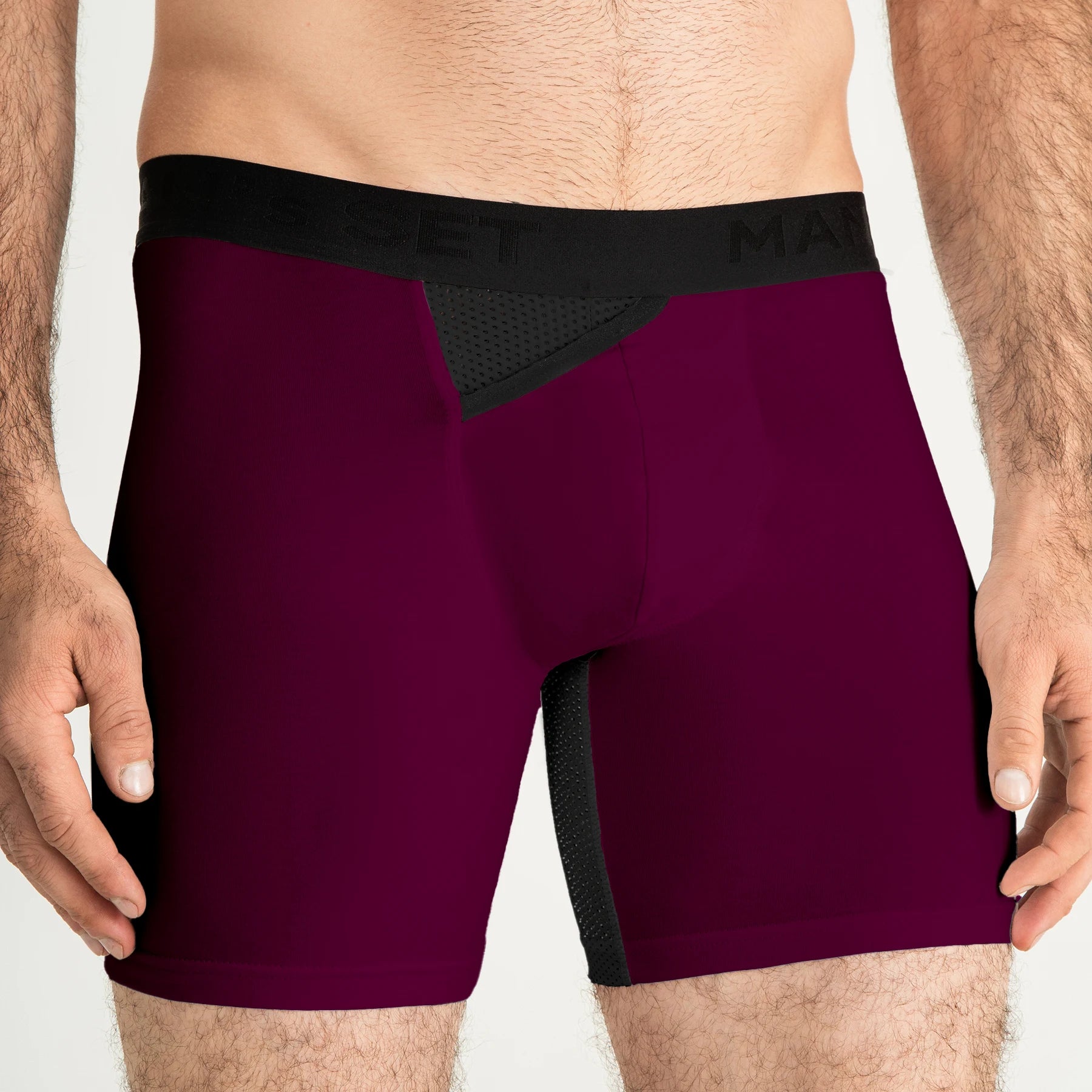 Plum AirFlow men’s boxer briefs by Man’s SET, breathable mesh pouch design, front close-up view