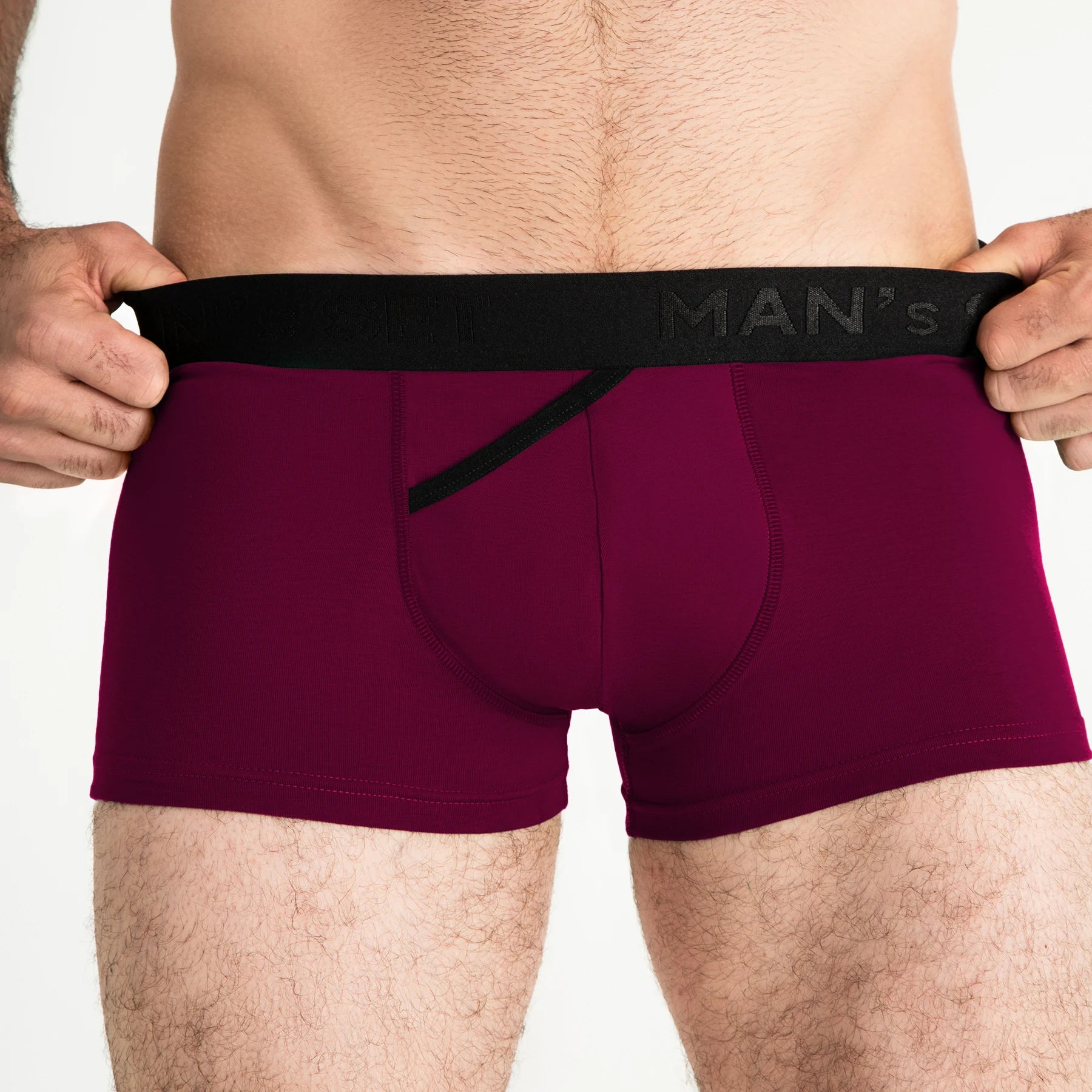 Plum FlexFit Trunk 3.2" OpenFly by Man’s SET, anatomical men’s underwear with supportive pouch, close-up front view