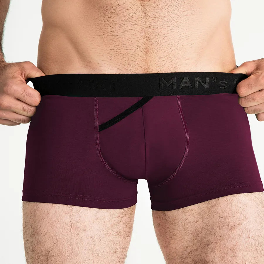 Men’s FlexFit Trunk with skew fly in Plum Waistband Stretch Detail