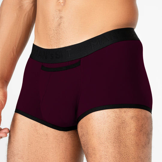 Man’s SET ProActive Stretch Trunk in plum, 3.2" OpenFly anatomical men’s underwear with soft contour pouch, side view