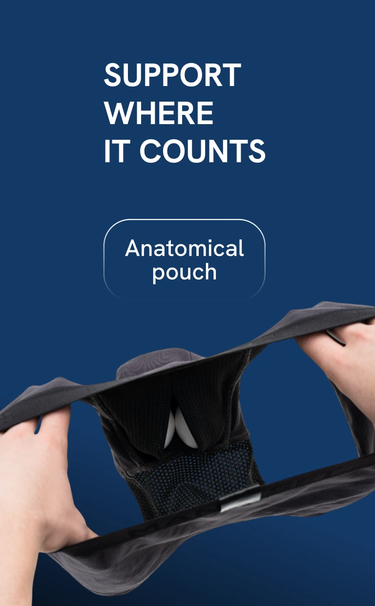 Sport category mobile banner with anatomical pouch interior view and text “Support Where It Counts”