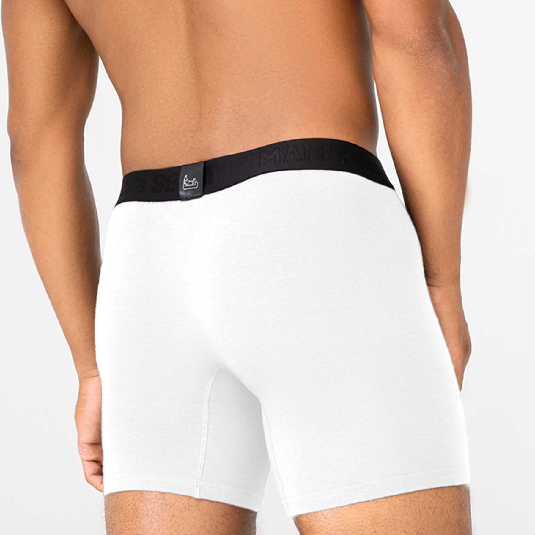 Man’s SET white CoolCore Micromodal boxer briefs, lightweight men’s underwear with black waistband, back view