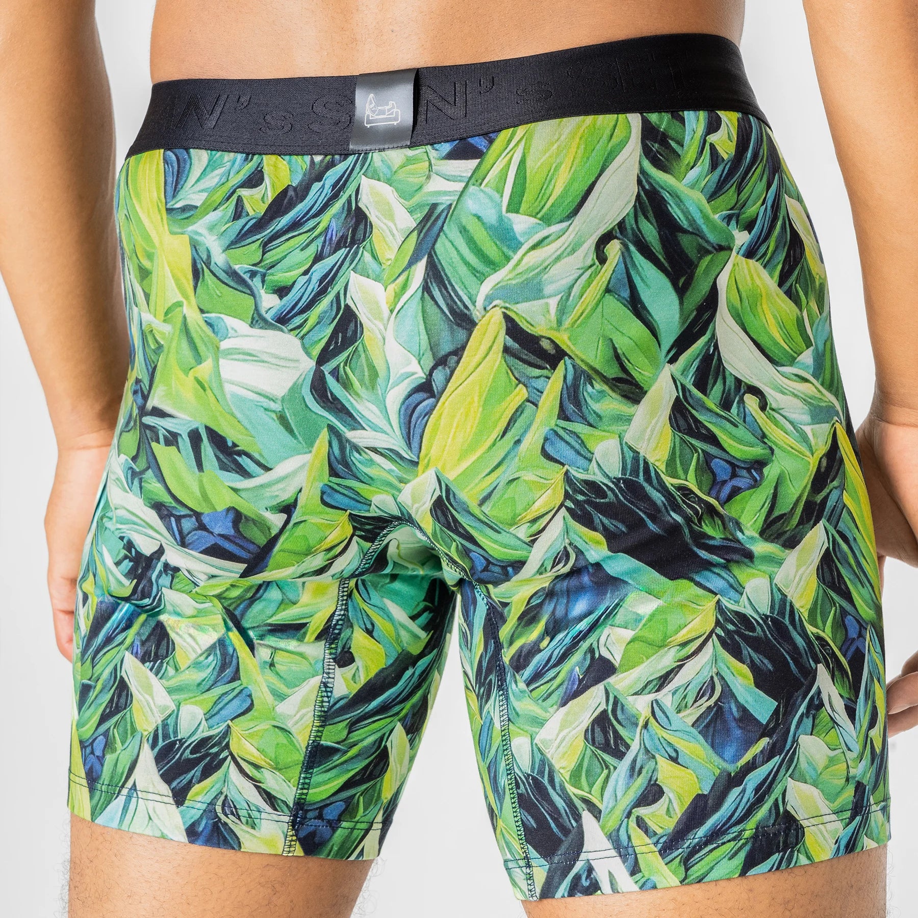 Man’s SET UltraSoft boxer briefs with green Mountains print, comfortable anatomical men’s underwear, back view