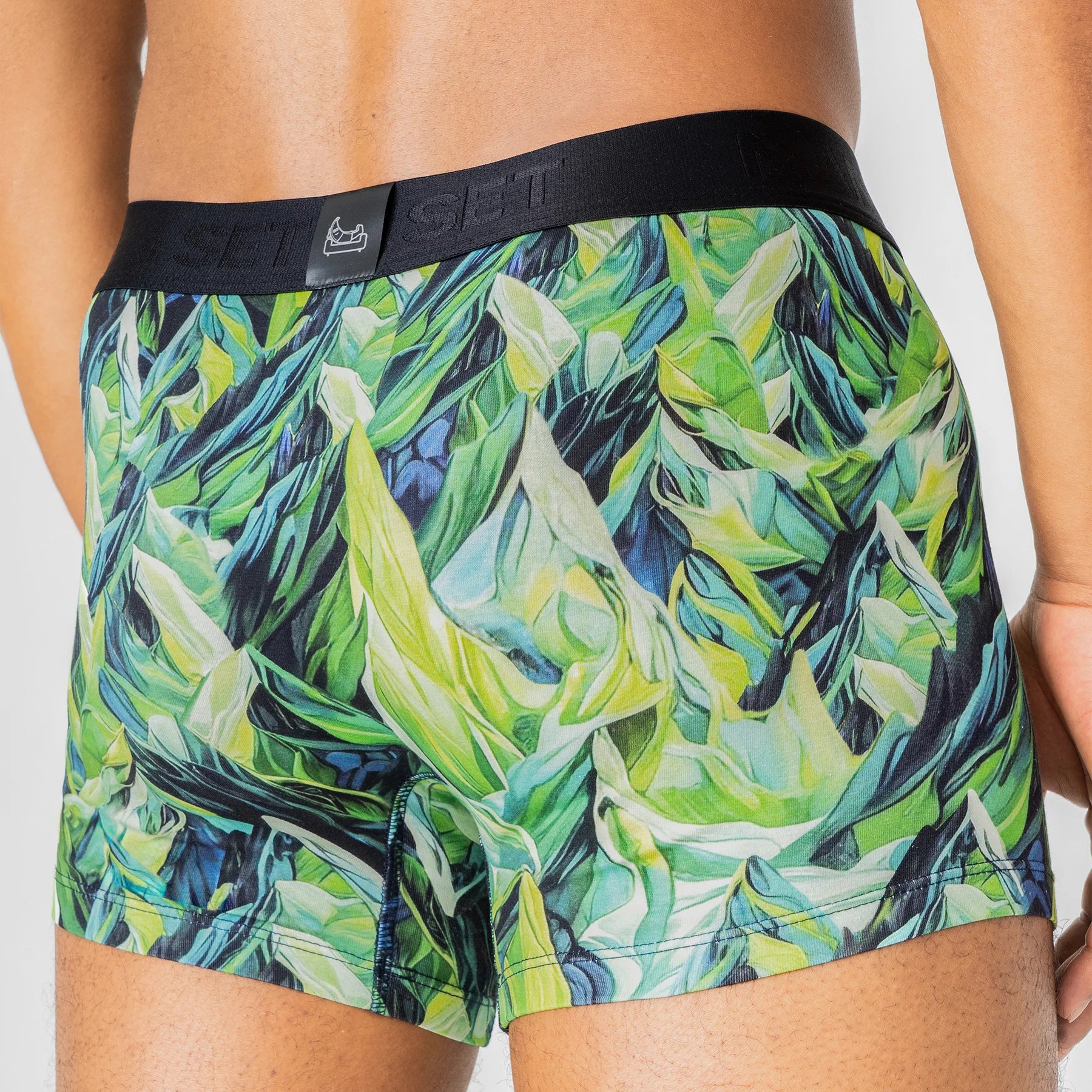 Man’s SET PowerStretch men’s trunk in mountain green print, moisture-wicking and ultra-stretchy underwear, back close-up view