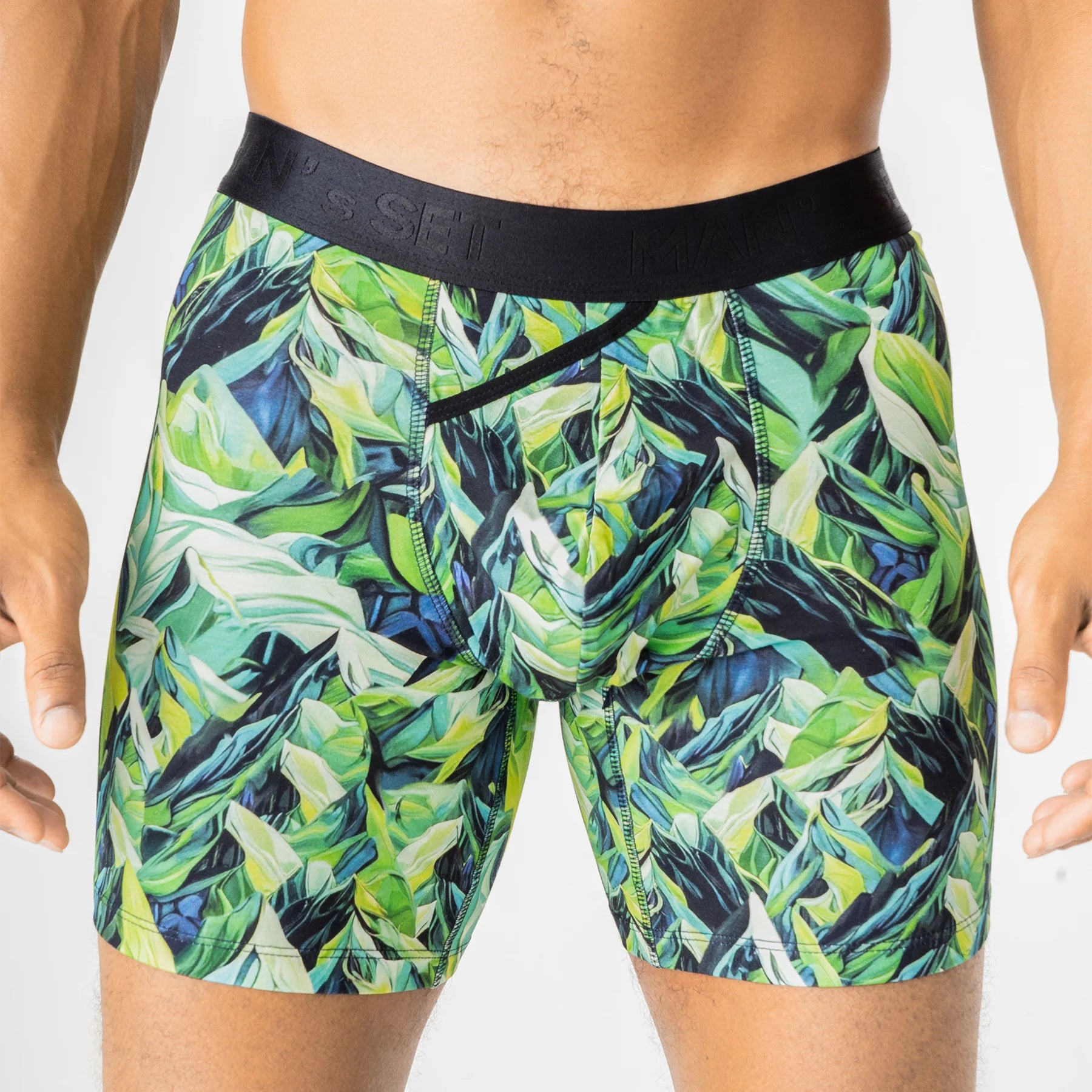UltraSoft Mountains print boxer briefs by Man’s SET, breathable anatomical men’s underwear, close-up front view