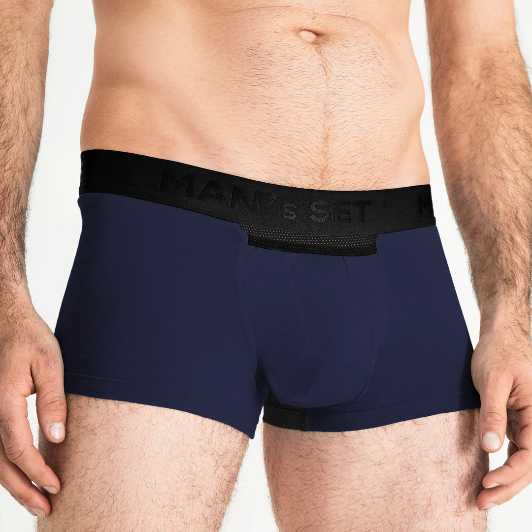 Comfortable men’s underwear by Man’s SET, navy AirFlow trunk with breathable mesh gusset, front view