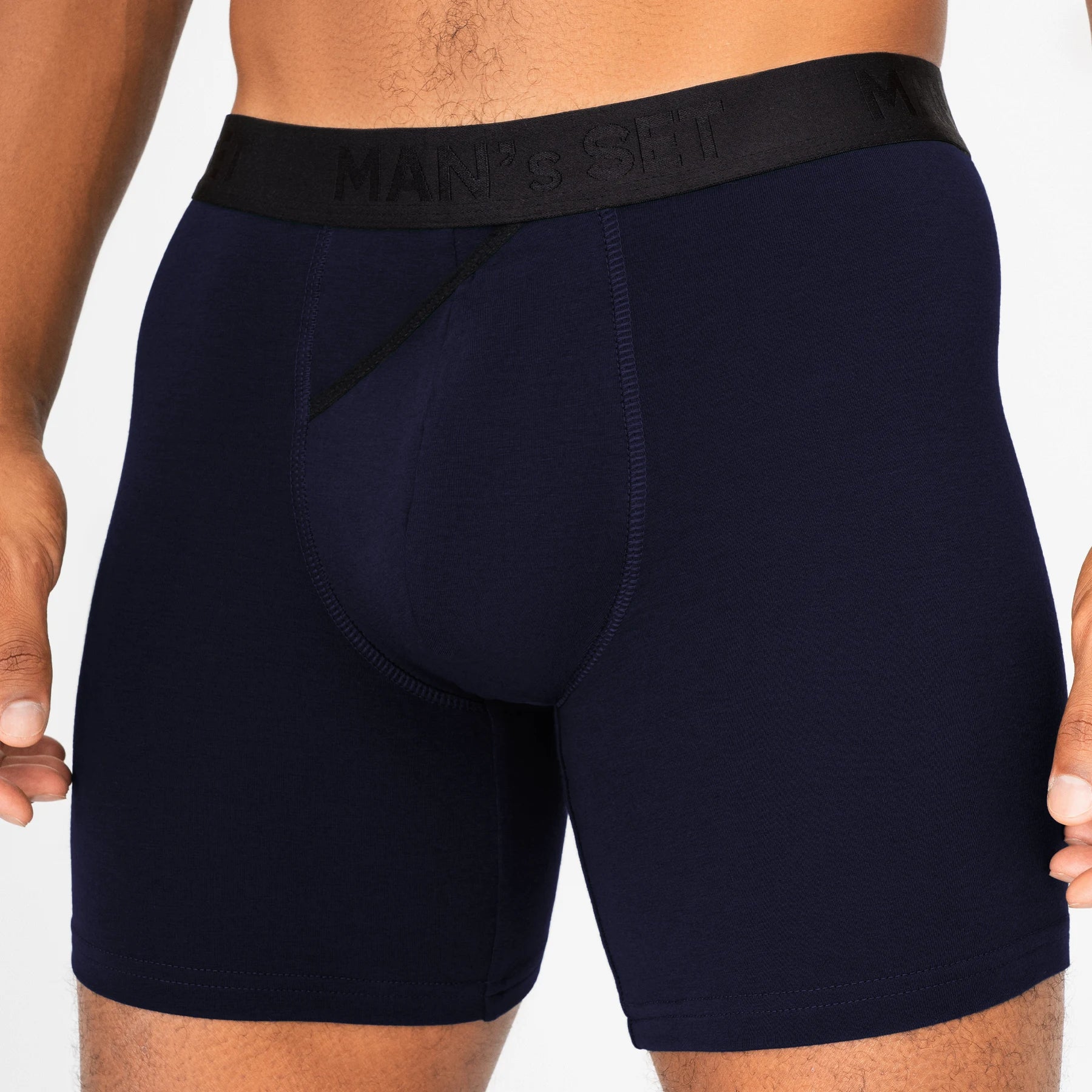 UltraSoft navy boxer briefs by Man’s SET, breathable men’s underwear with open fly and ergonomic fit, close-up front view