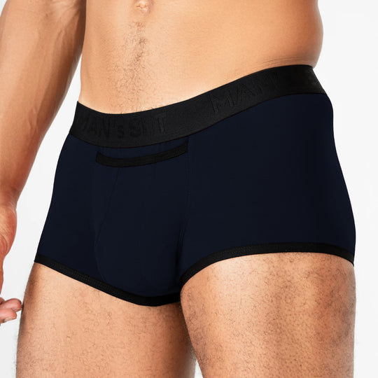 Navy ProActive Stretch Trunk 3.2" OpenFly by Man’s SET, anatomical men’s underwear with contoured pouch, front angle view