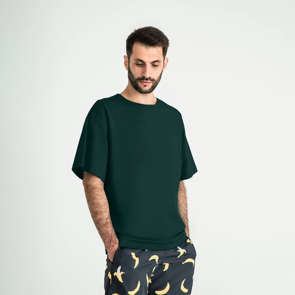 Forest green oversized men’s T-shirt by Man’s SET, soft cotton relaxed fit tee, front view