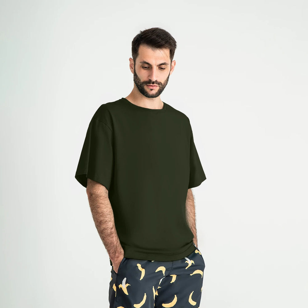 Khaki oversized T-shirt for men by Man’s SET, relaxed fit soft cotton tee, front view