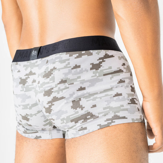 UltraSoft Pixel Camo anatomical trunks by Man’s SET, breathable cotton fabric, close-up back view