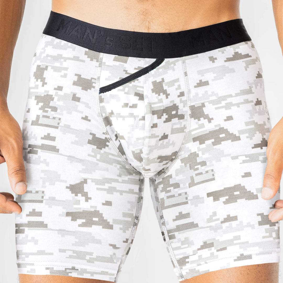Man’s SET Pixel Camo anatomical men’s underwear, soft cotton boxer briefs with open fly, close-up front view