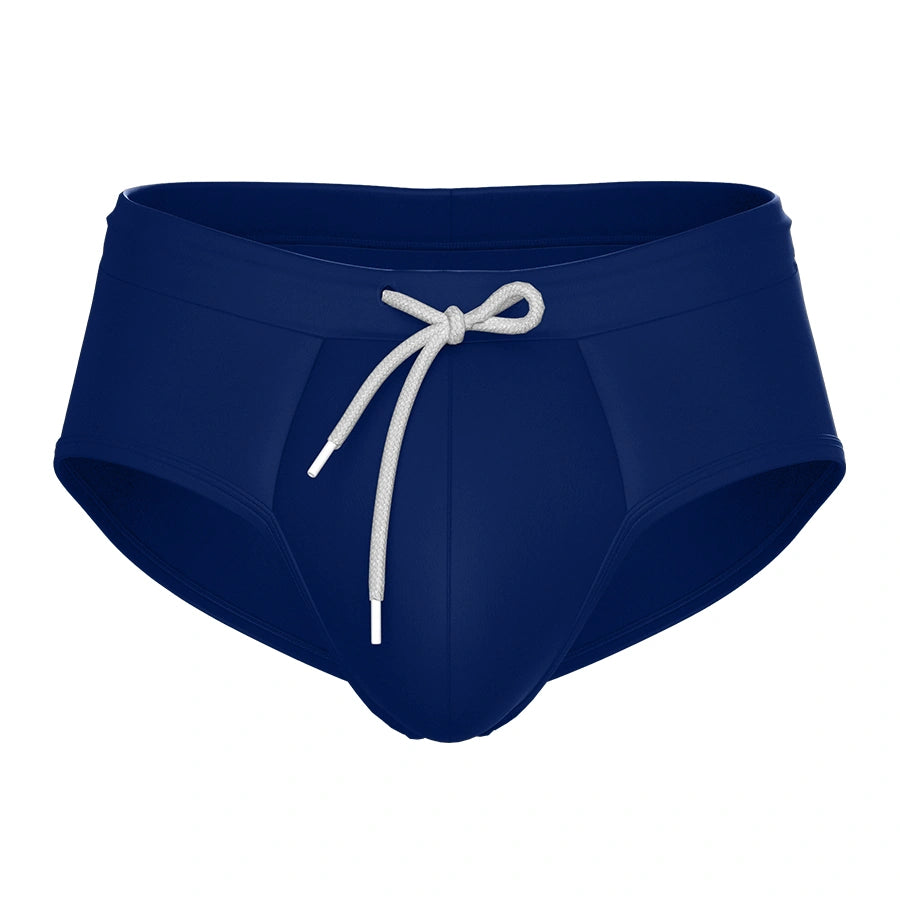 Man’s SET anatomic swim brief 2.0 in navy blue, breathable men’s swimwear with drawstring waist, supportive fit, front view