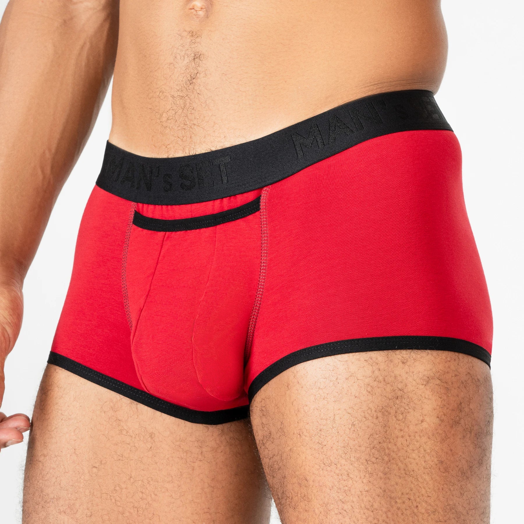 Man’s SET red ProActive Stretch Trunk 3.2" OpenFly, anatomical men’s underwear with supportive pouch, close-up front view