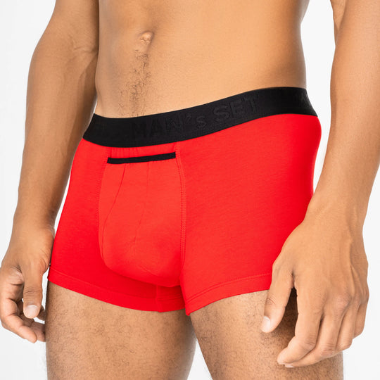 Comfortable red BreezeFlow micromodal trunks by Man’s SET, open fly and anatomical pouch, close-up front view