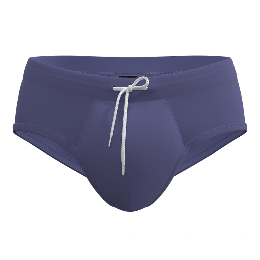 Man’s SET Anatomic Brief 2.1 swimwear in gray-purple, supportive men’s swim briefs with drawstring, front view
