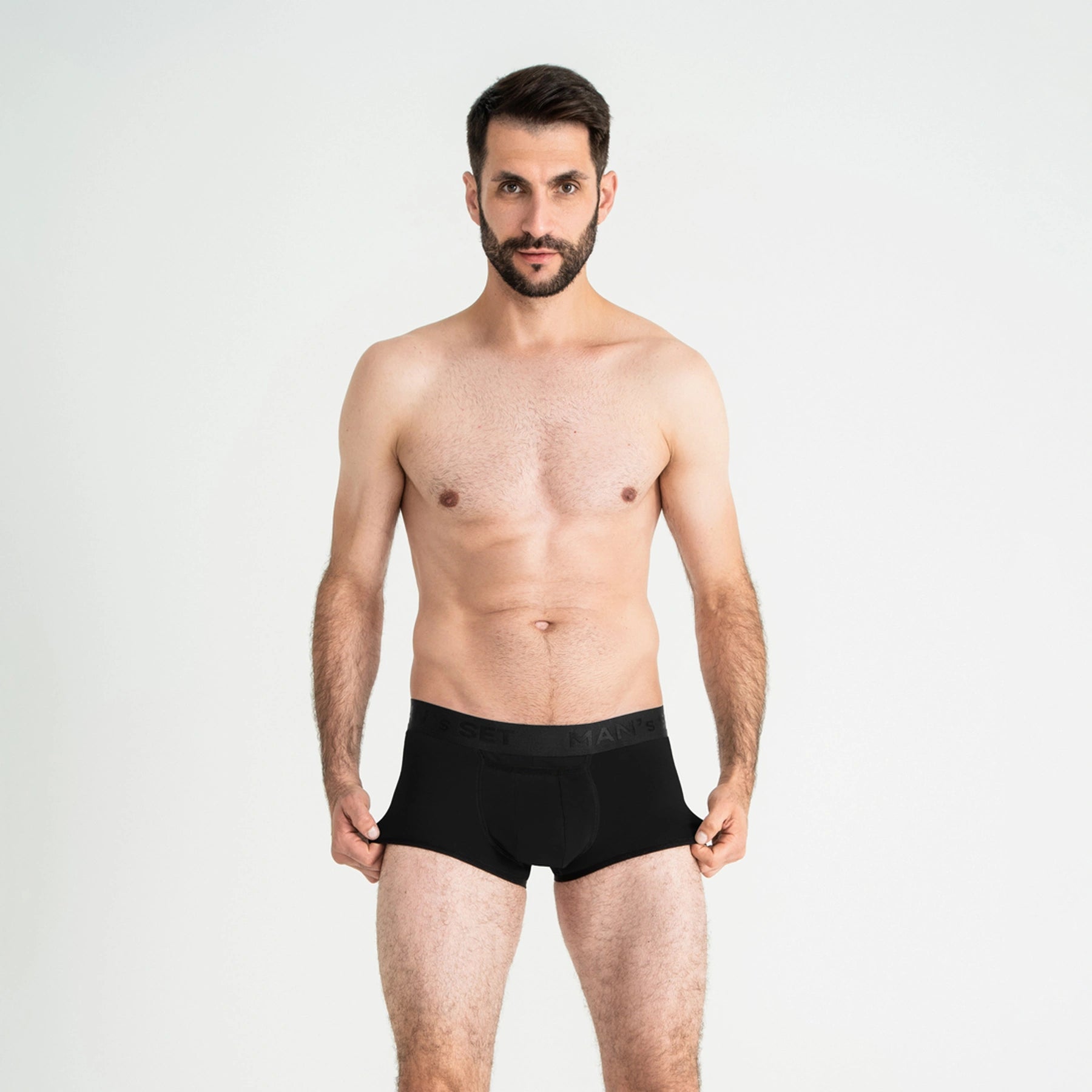 Man’s SET ProActive Stretch Trunk 3.2" OpenFly in black, anatomical men’s underwear with contoured pouch, front view