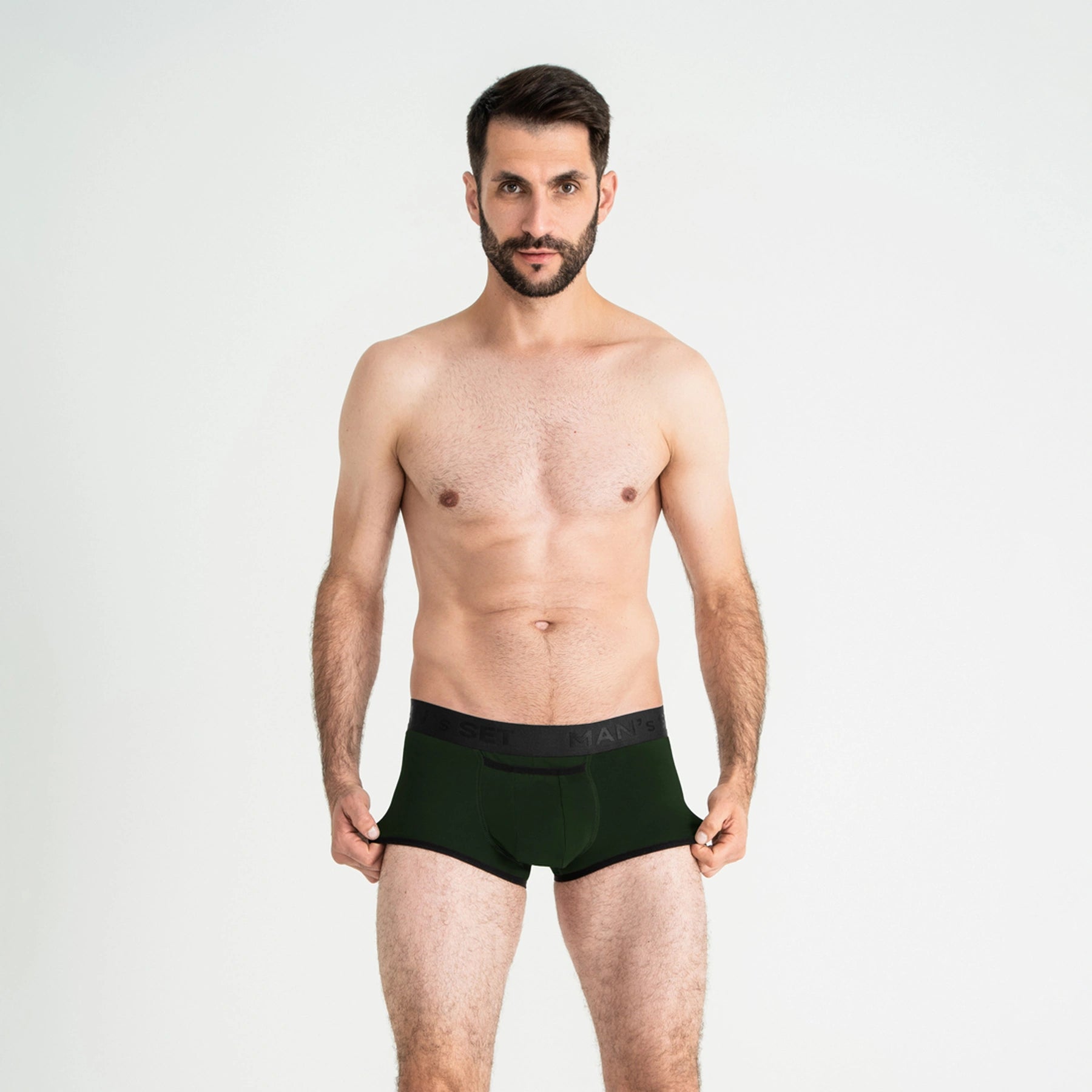 Man’s SET ProActive Stretch Trunk 3.2" OpenFly in forest green, anatomical men’s underwear with anatomical pouch, front view