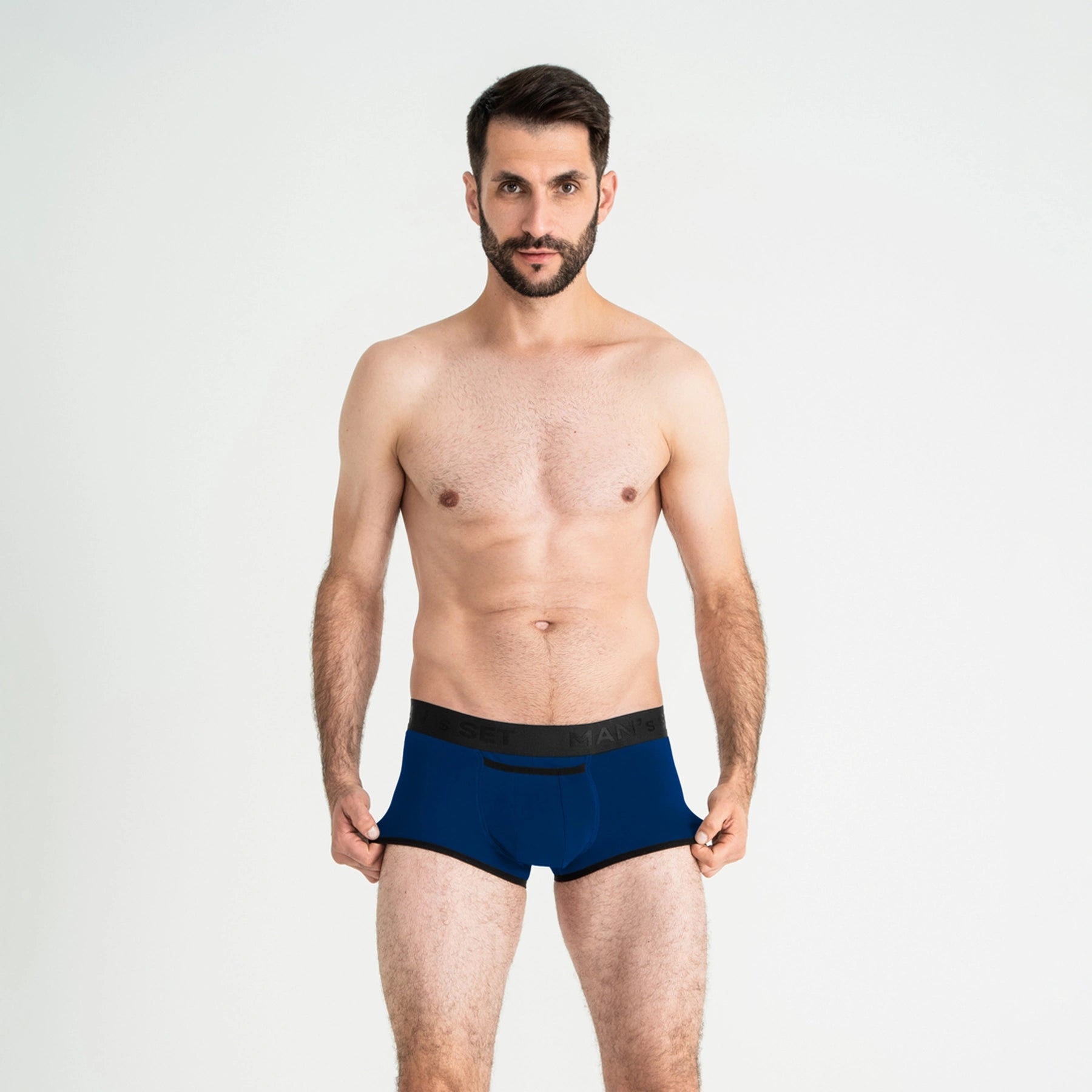 Comfortable men’s underwear by Man’s SET, electric blue ProActive Stretch Trunk with 3.2" OpenFly, front view