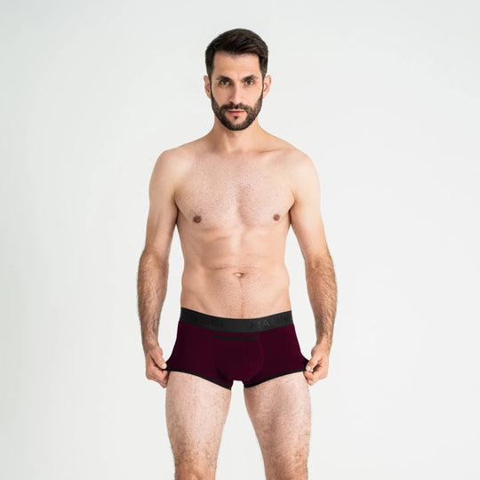 Man’s SET plum ProActive Stretch Trunk with 3.2" OpenFly, anatomical men’s underwear with supportive pouch, front view