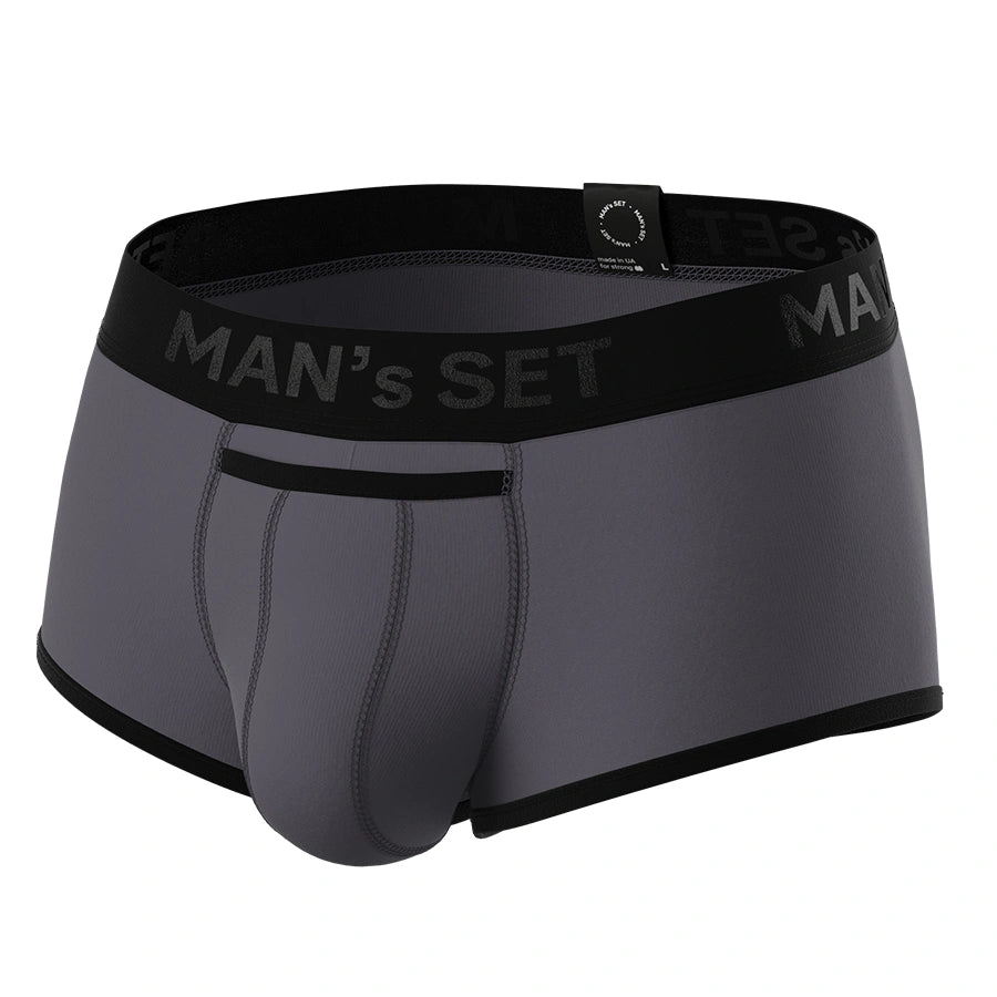 Man’s SET ProActive Stretch Trunk 3.2" OpenFly in graphite, anatomical men’s underwear with ergonomic pouch, front angle view