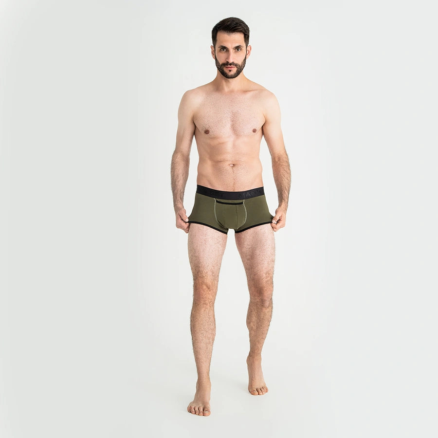 Comfortable men’s underwear by Man’s SET, khaki ProActive Stretch Trunk with 3.2" OpenFly, front view