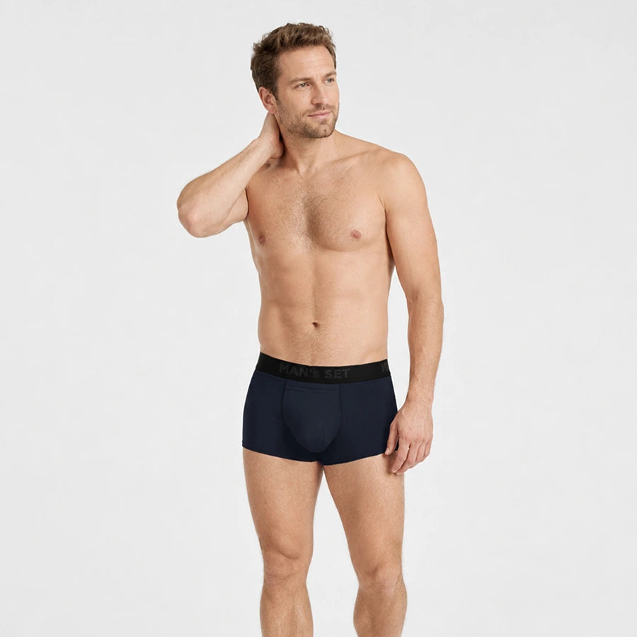 Men’s sport trunk with open fly in navy Three-Quarter View