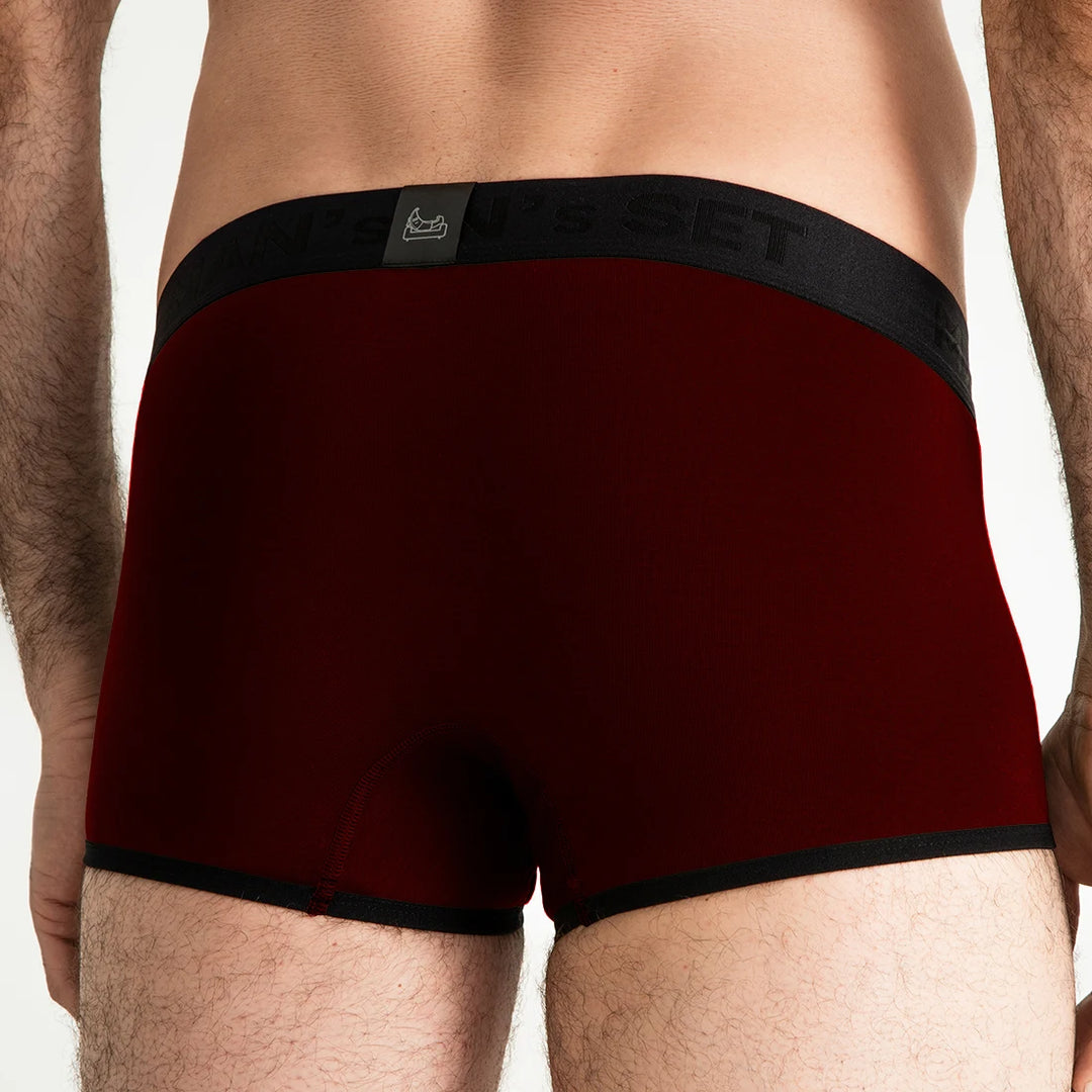 Burgundy ProActive Stretch Trunk 3.2" OpenFly by Man’s SET, comfortable men’s underwear with black trim, back view