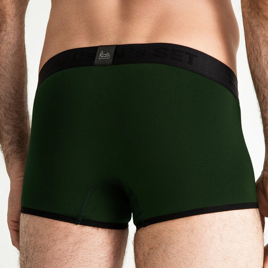 Man’s SET ProActive Stretch Trunk in forest green, breathable men’s underwear with black trim, back view