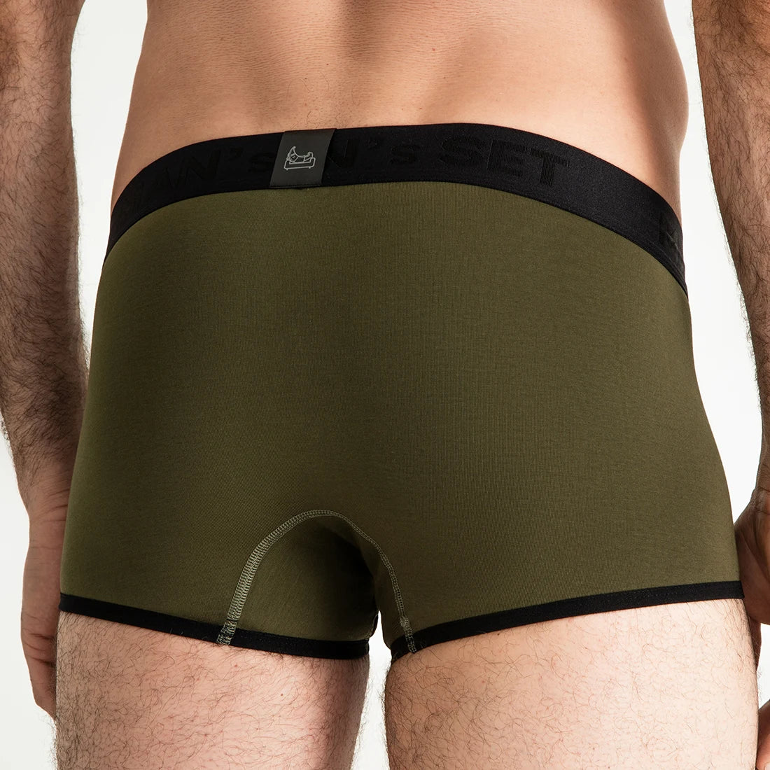 Khaki ProActive Stretch Trunk 3.2" OpenFly by Man’s SET, supportive men’s underwear with contrast trim, back view
