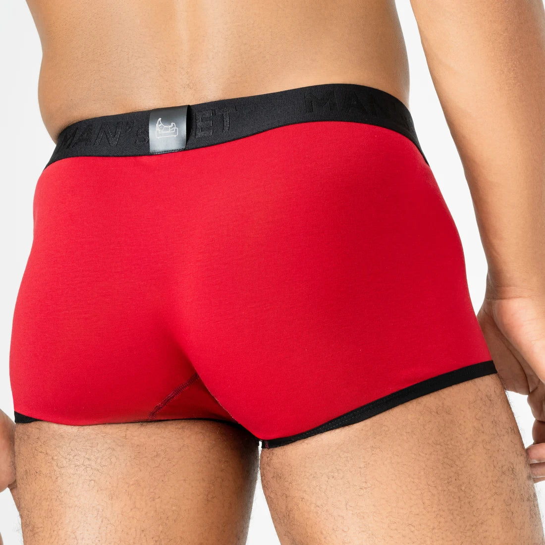 Man’s SET red ProActive Stretch Trunk 3.2" OpenFly, breathable men’s underwear with black trim, back view