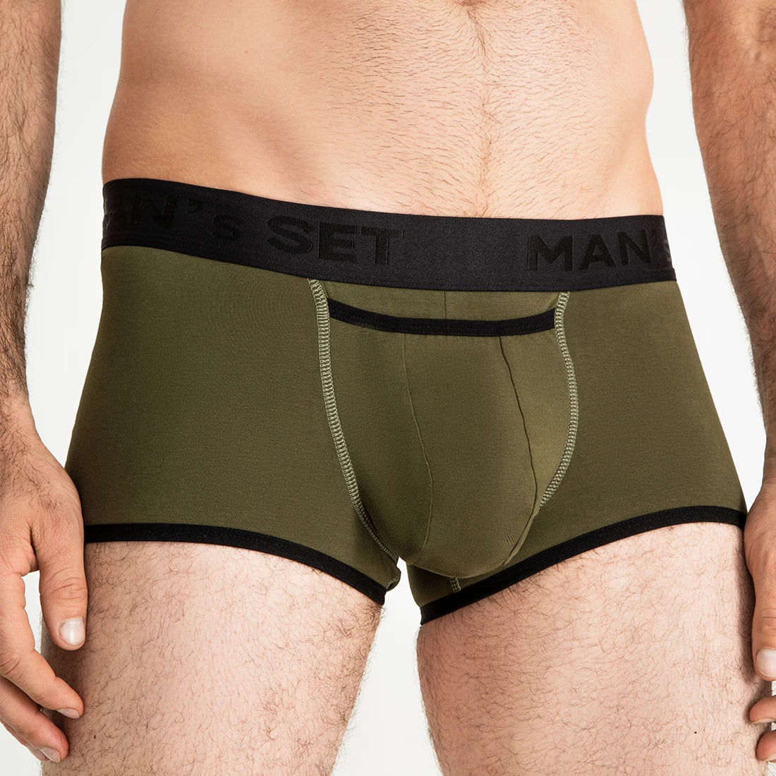 Man’s SET khaki ProActive Stretch Trunk with black trim, anatomical men’s underwear with 3.2-inch OpenFly, front view