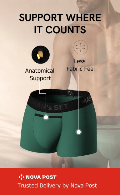 Green men's boxer briefs with a black waistband, shown in front of a faded male torso with marketing text and Nova Post branding.