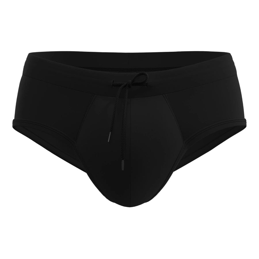 Man’s SET black men’s swim briefs with anatomical ball pouch and drawstring, quick-dry biflex fabric, front view