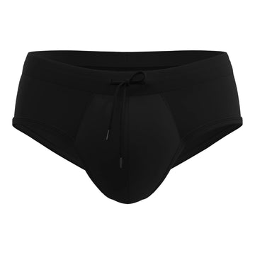 Man’s SET black men’s swim briefs with anatomical ball pouch and drawstring, quick-dry biflex fabric, front view