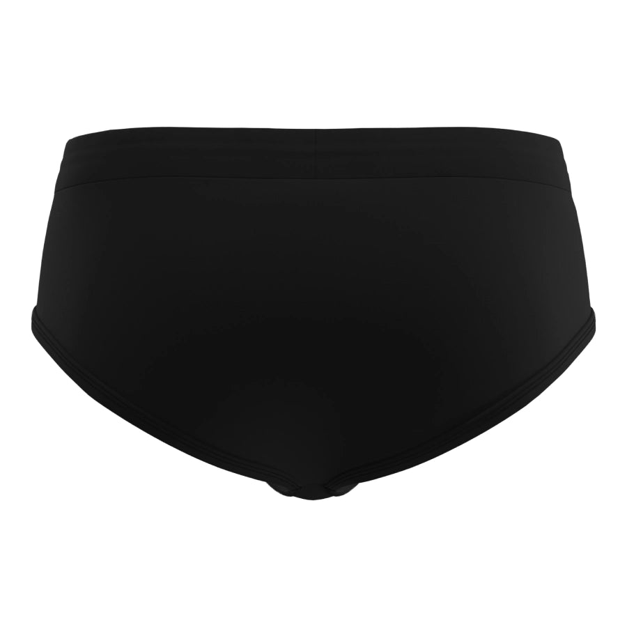 Man’s SET black anatomical men’s swim briefs in quick-dry biflex fabric, back view