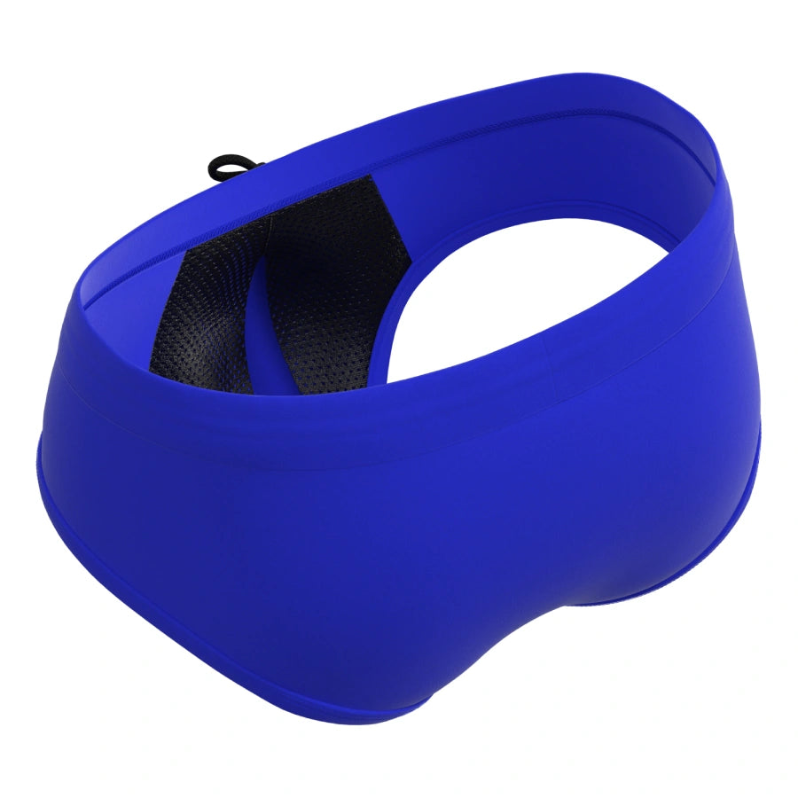 Man’s SET blue men’s swim briefs with breathable mesh anatomical pouch, interior angled view