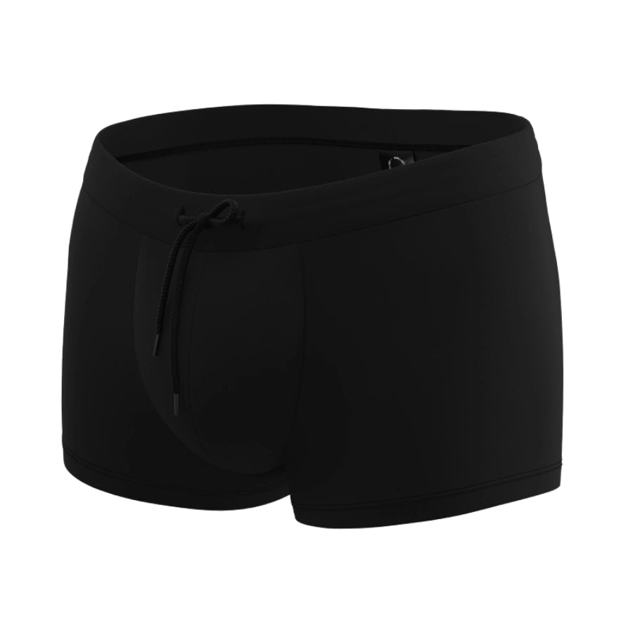 Black anatomical swim trunks for men by Man’s SET, breathable quick-dry fabric, front angle view