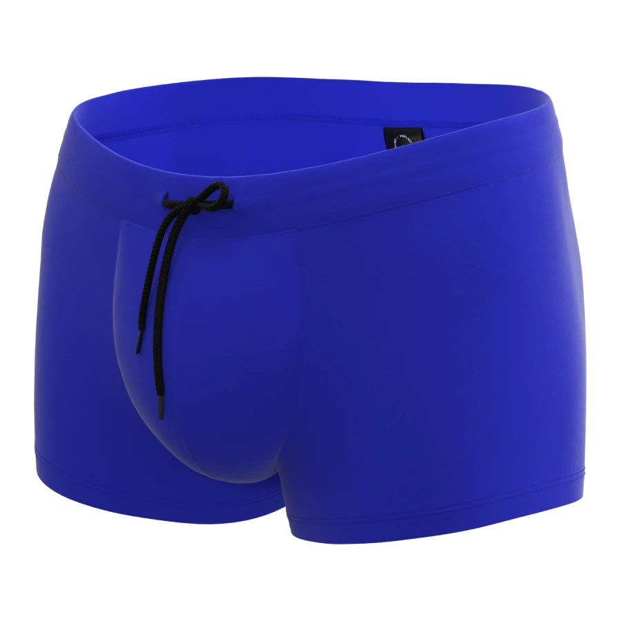 Blue anatomical swim trunks by Man’s SET with ball-support pouch and drawstring waist, front view