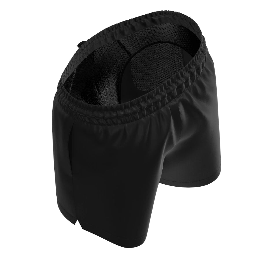 Black men’s swim shorts by Man’s SET with inner anatomical pouch liner, breathable mesh, top angled view