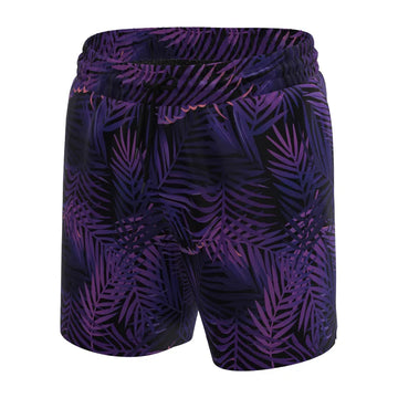 Man’s SET purple tropical print anatomical swim shorts for men, quick-dry comfort design, front view